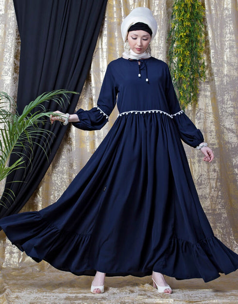 Modest Balloon Sleeve Pom Pom Lace Bohemian Abaya Navy Blue